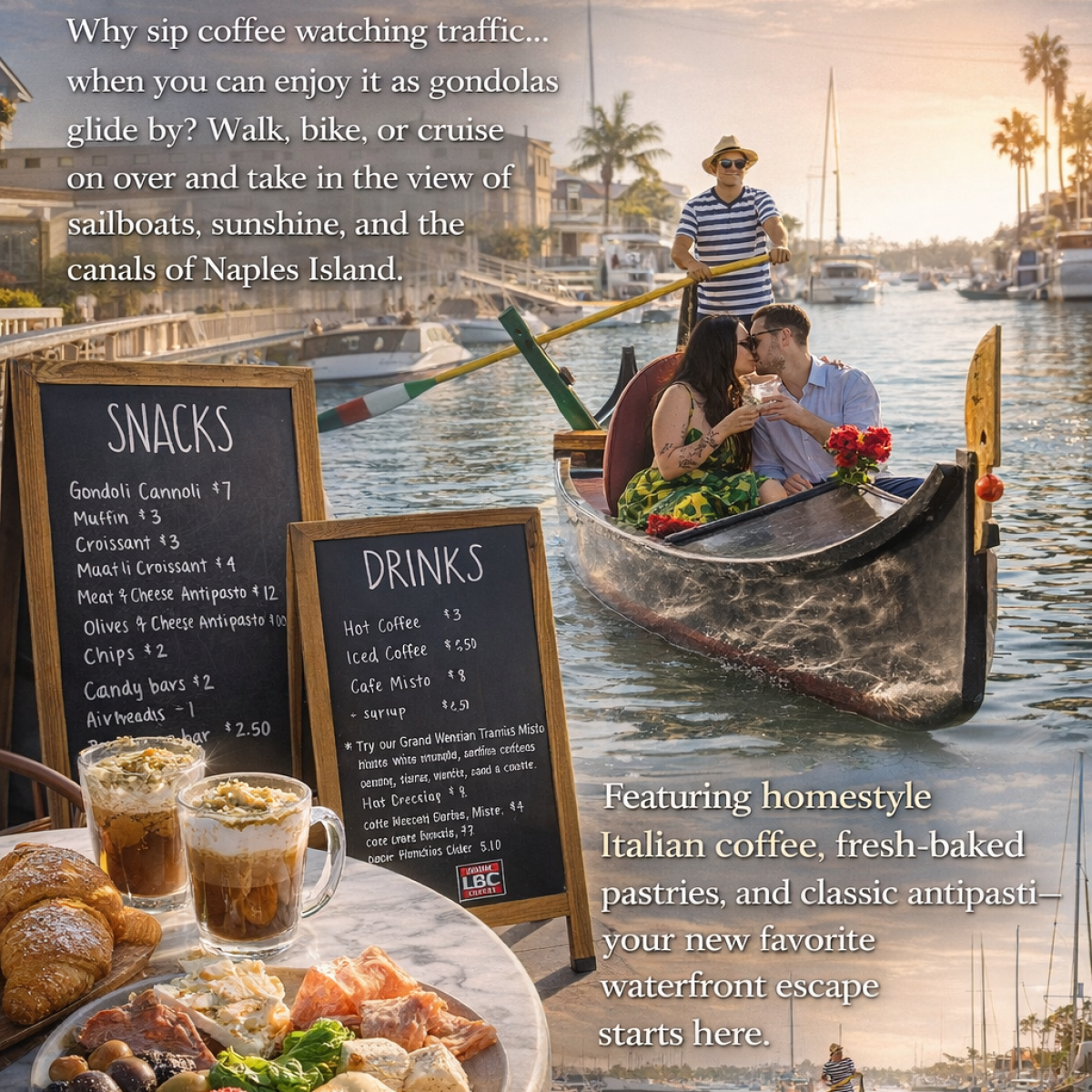 People in a gondola on a canal, with Italian-themed cafe signs and food displayed.