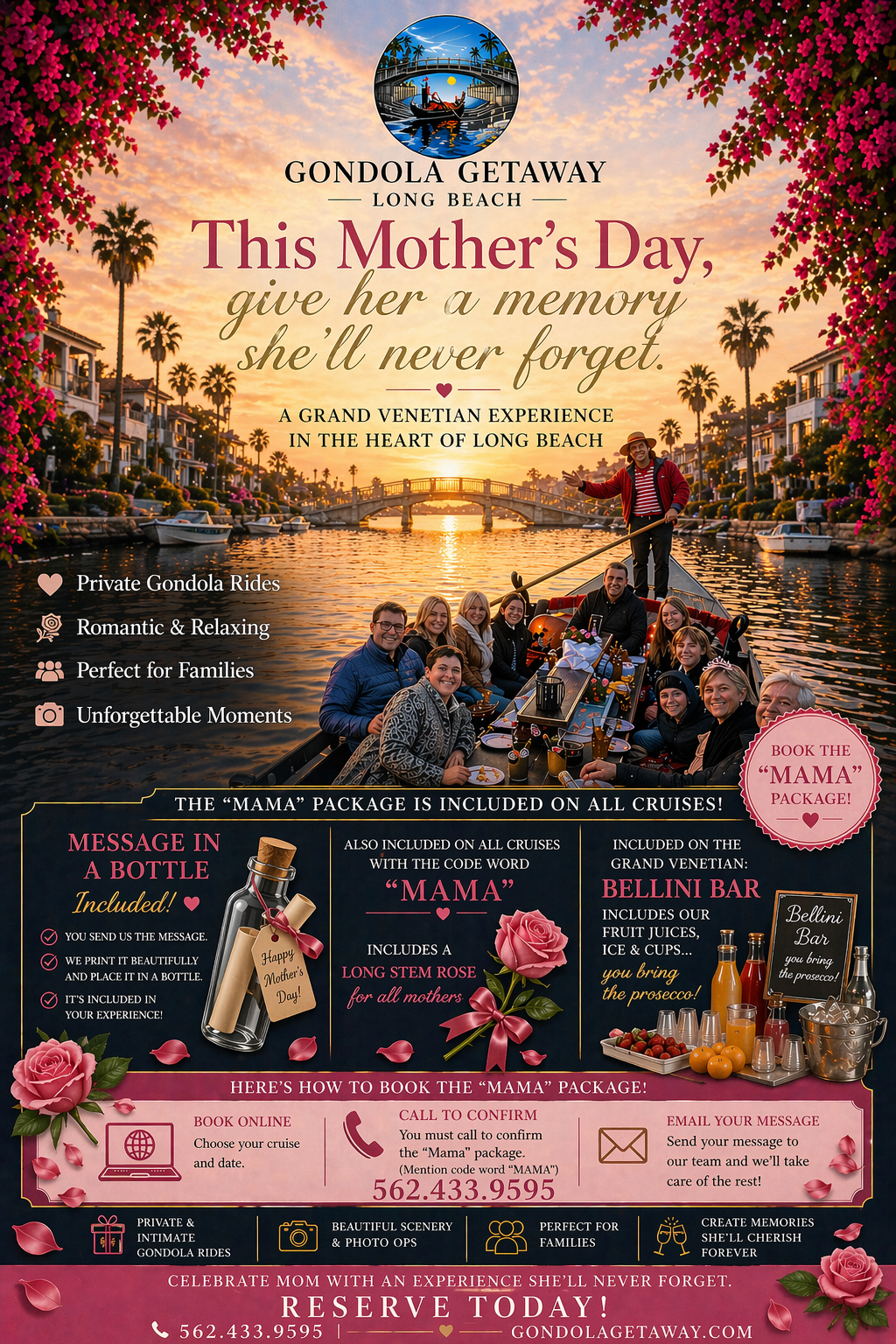 People in a gondola on a canal, with text promoting Mother's Day gondola rides in Long Beach.