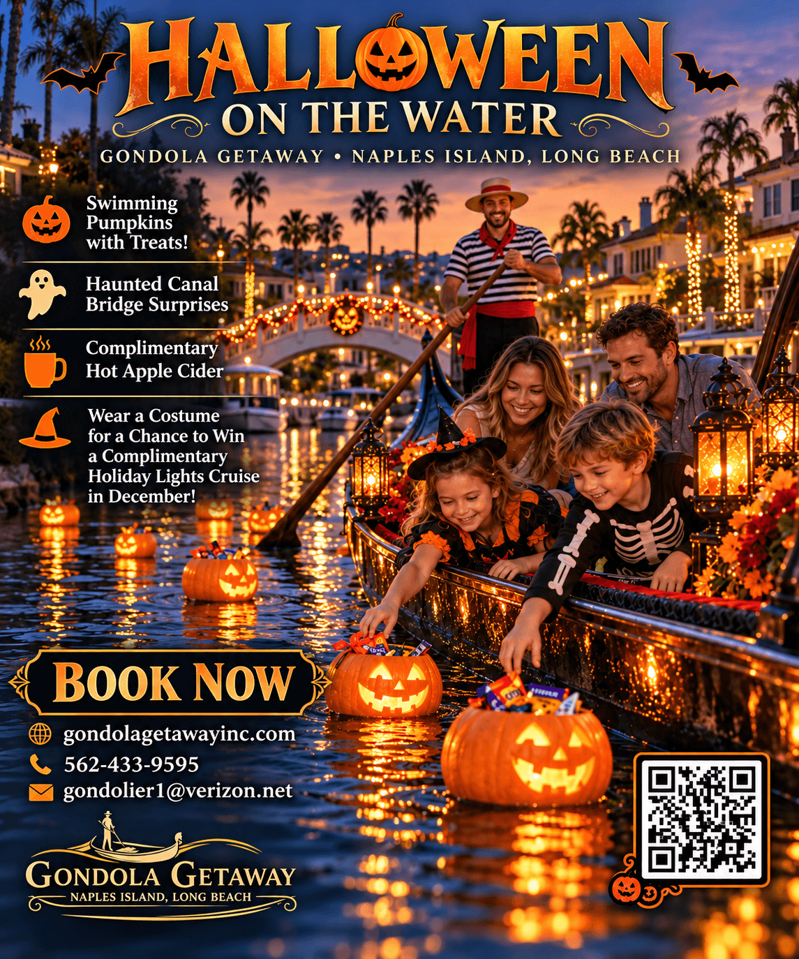 Family decorating pumpkins on a gondola, lit bridges and Halloween decor in a nighttime water setting.